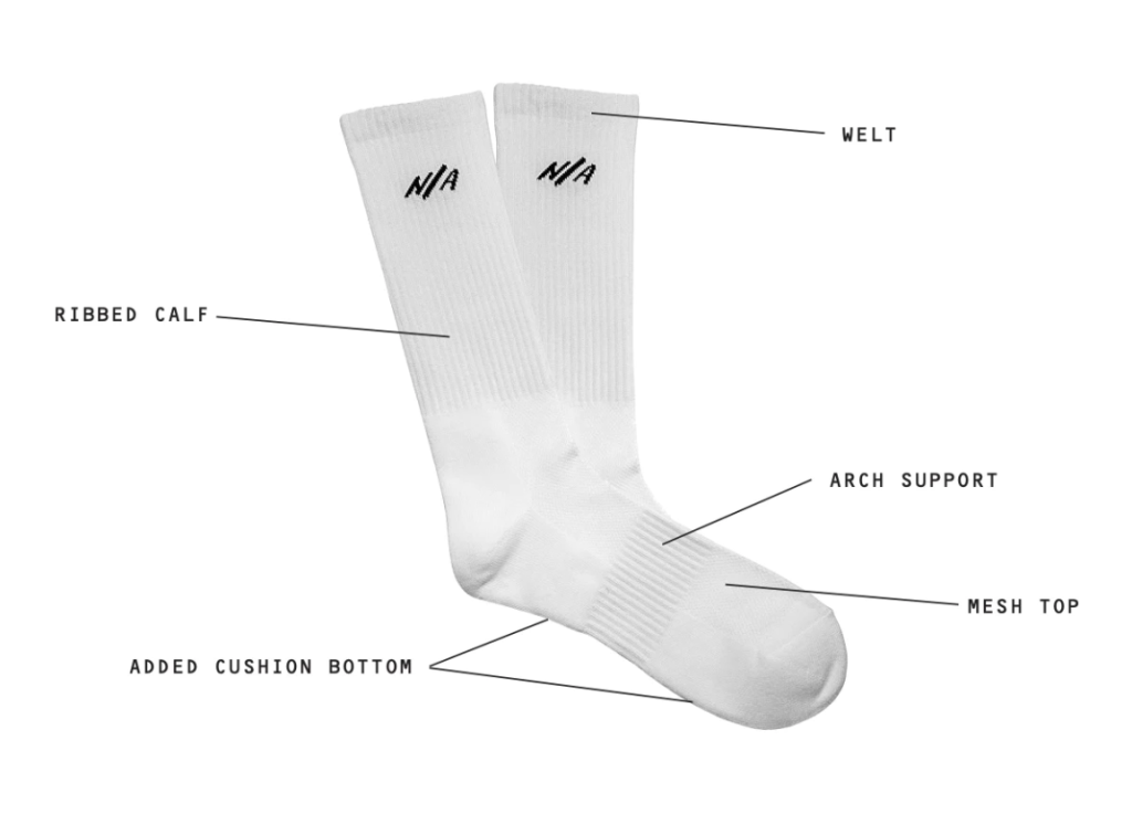 White Necessary Anywhere socks with details and features of the socks listed out