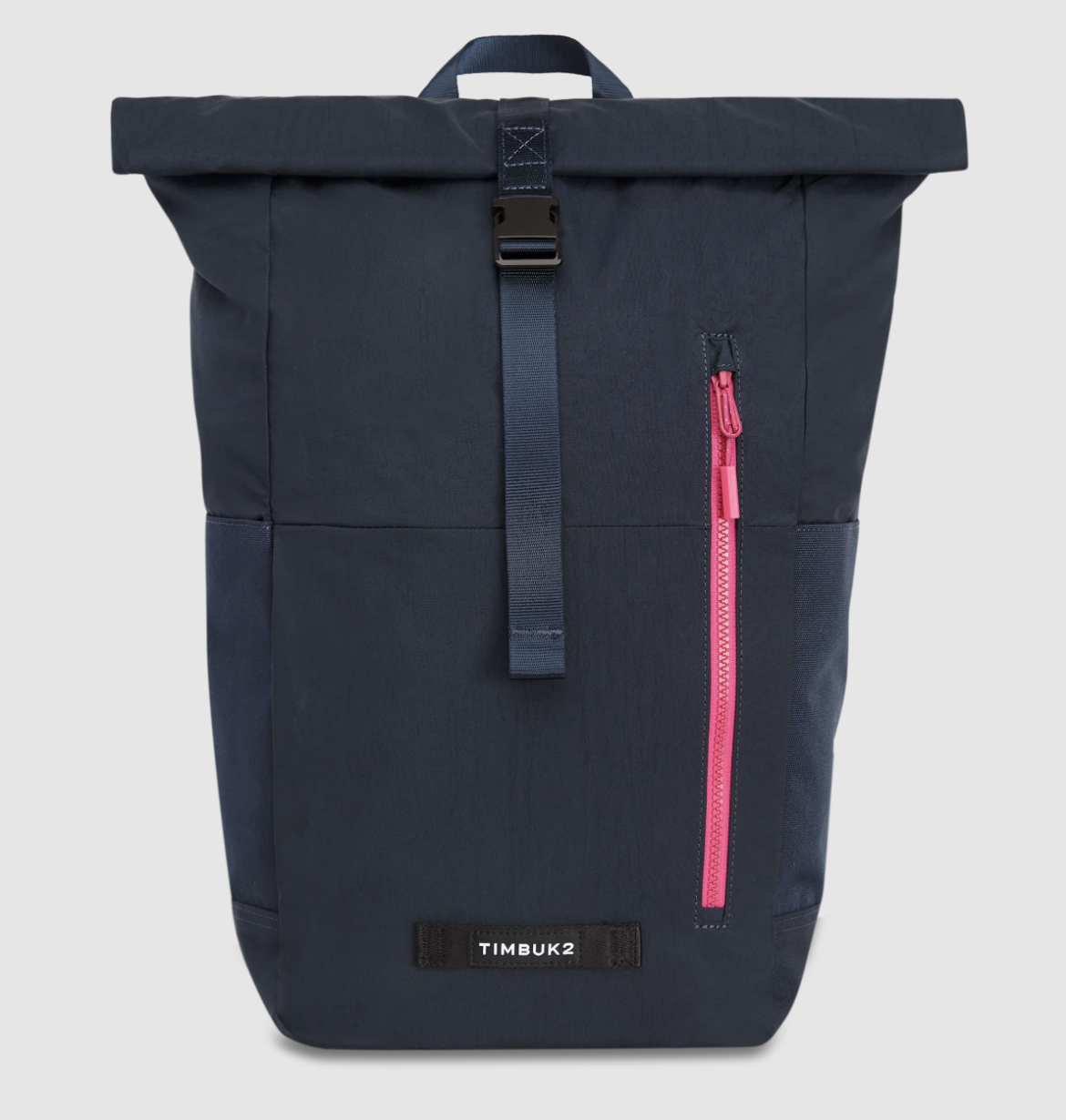 A black Timbuk2 backpack with a red zipper on a white background