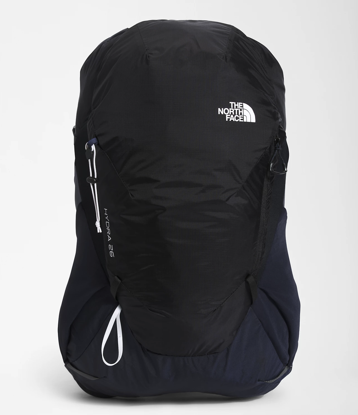 A black North Face travel bag on a white background