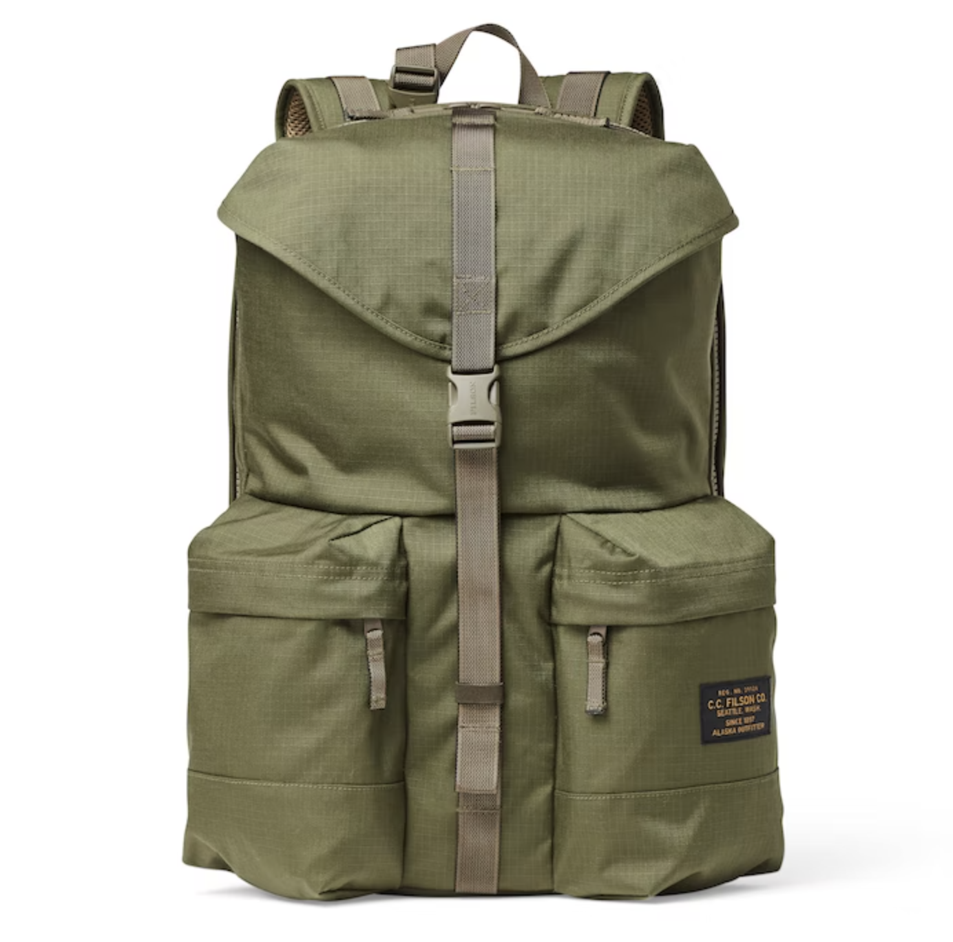 A army green Filson rucksack backpack on a white background