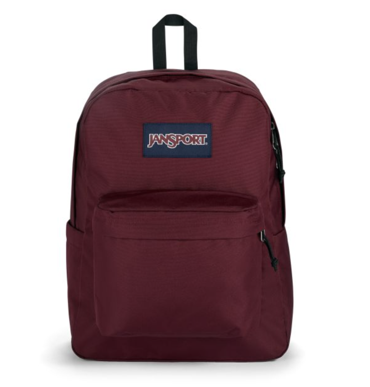 A dark red Jansport backpack with navy blue logo on a white background