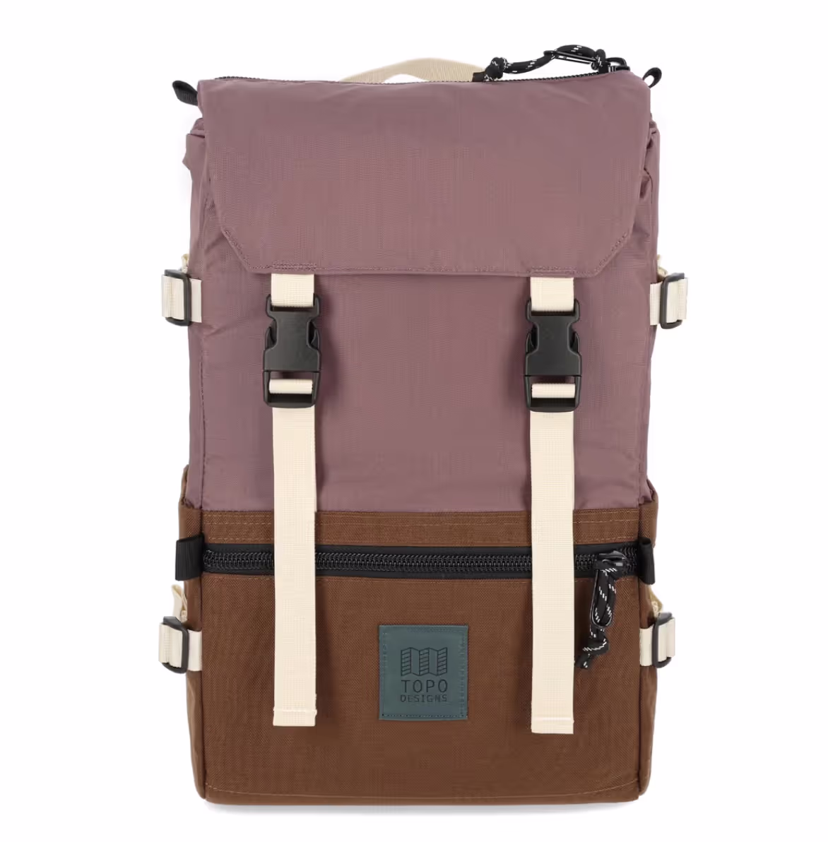 A brown and light purple rucksack backpack from Topo Designs on a white background