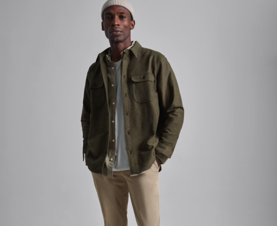 A man wearing a Olive Everlane overshirt, a white beanie and khaki pants