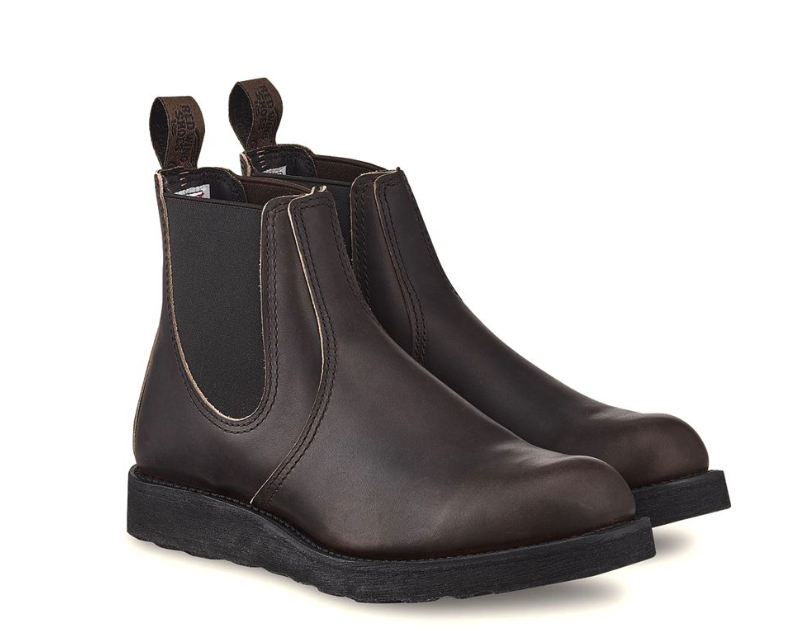 A brown pair of slip-on Redwing boots on a white background