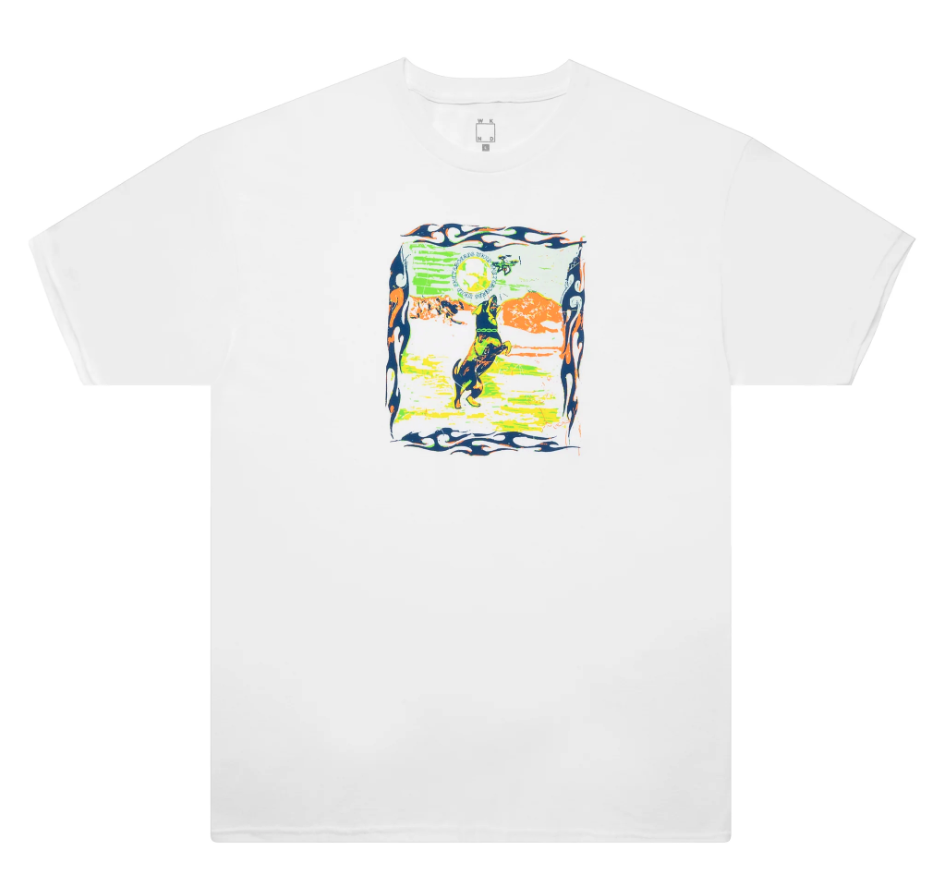 A close up of a WKND Skateboards white t-shirt with a colorful illustration