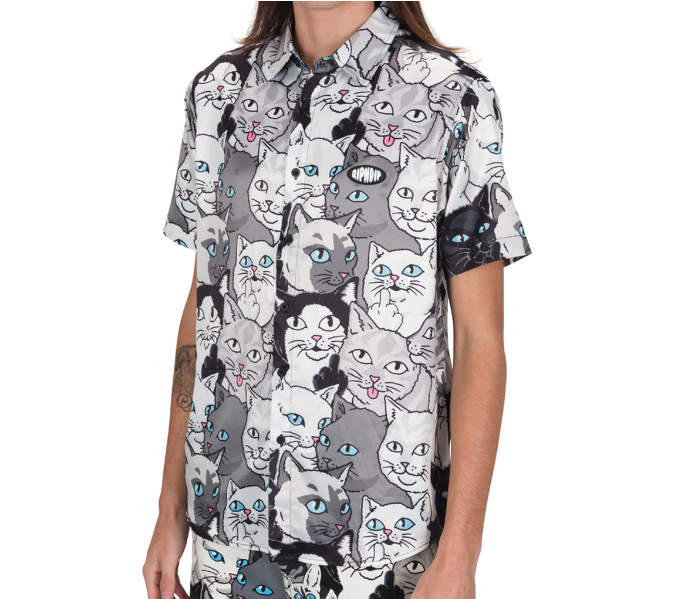 A close up of a Ripndip short-sleeve button up with cat print allover it