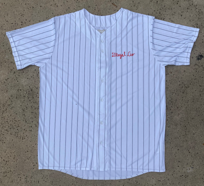 A baseball style illegal Civilization pinstripe shirt