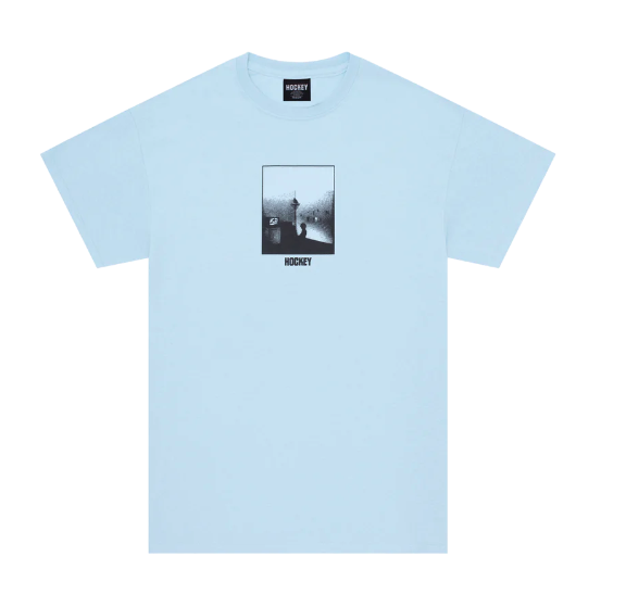 A baby blue Hockey Skateboards t-shirt with a logo and minimalist print