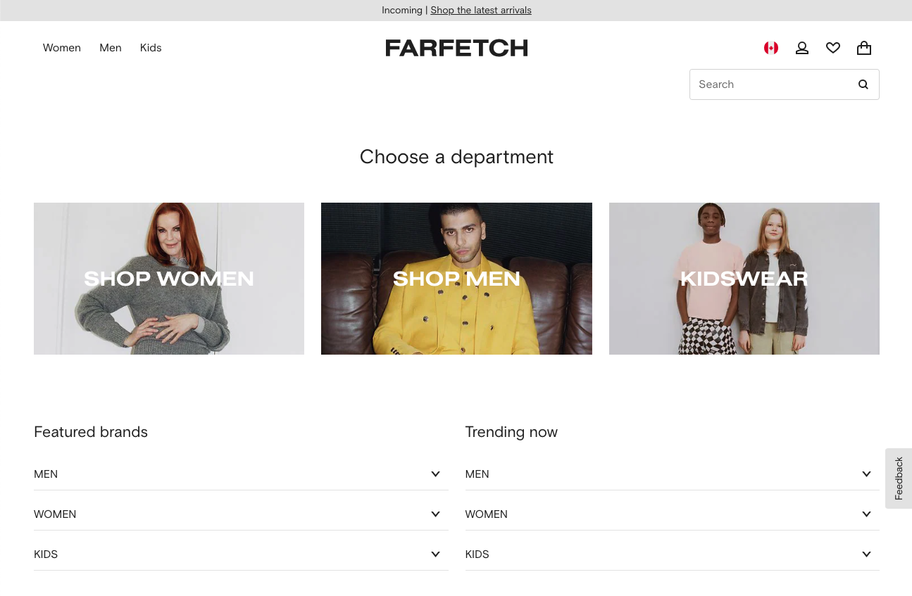 The landing page for the Farfetch Website (April, 2023)