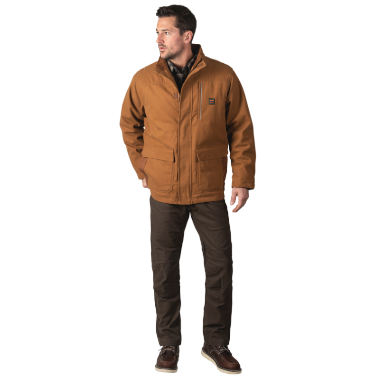 A man wearing a Walls brown work jacket and dark pants