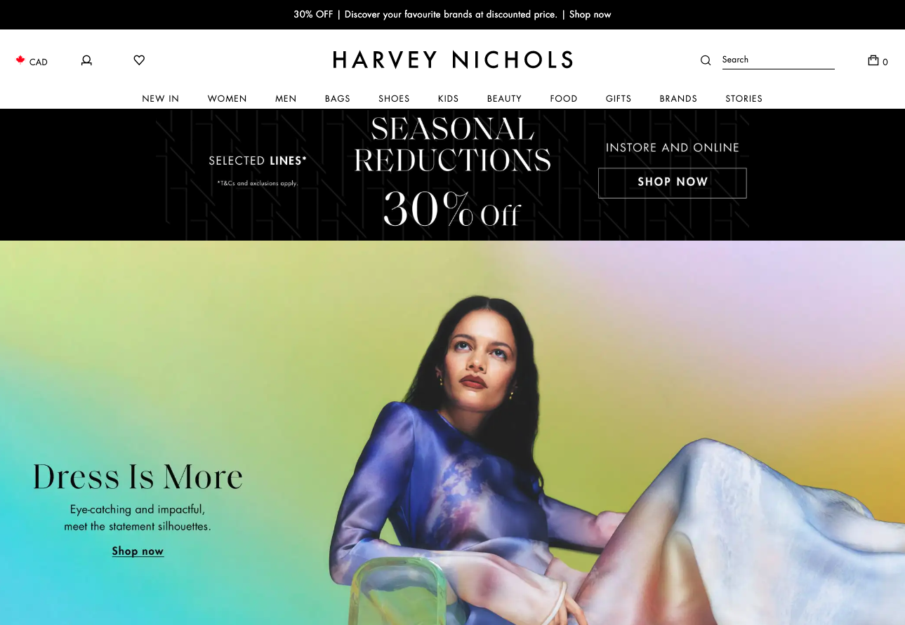 The landing page for the Harvey Nichols Website (April, 2023)