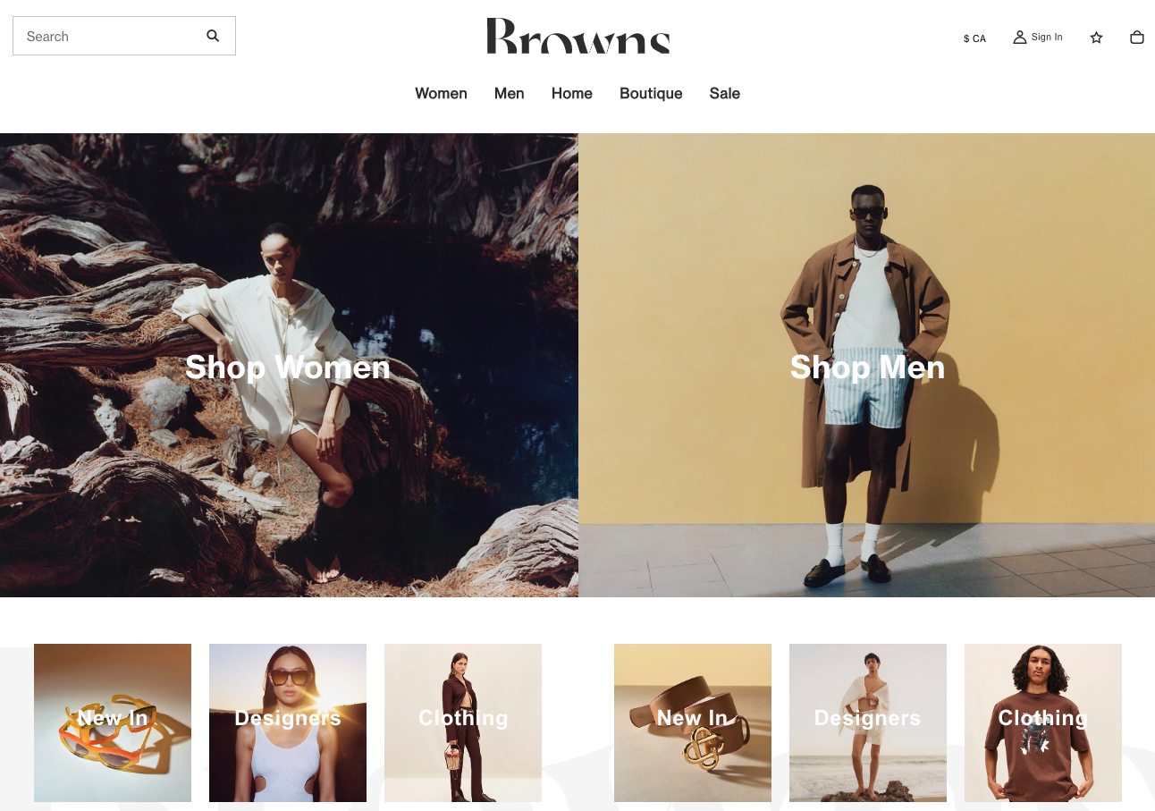 The landing page for the Browns Fashion Website (April, 2023)