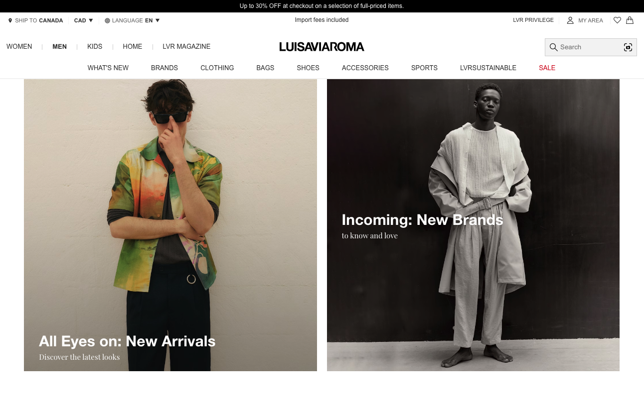 The landing page for the LuisaViaRoma Website (April, 2023)