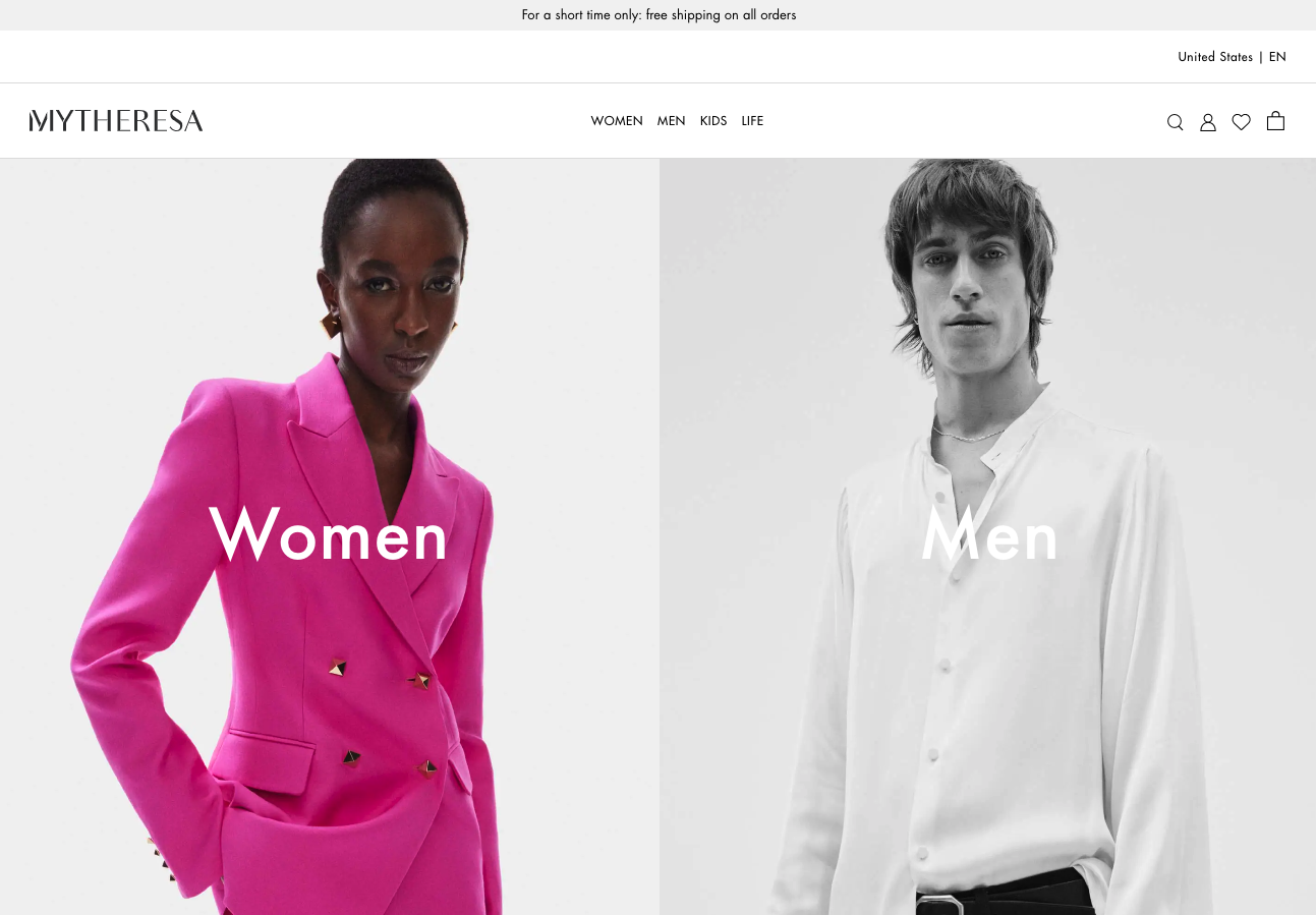 The landing page for the Mytheresa Website (April, 2023)