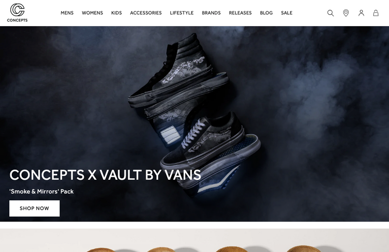 The landing page for Concepts Shop website (September, 2023)