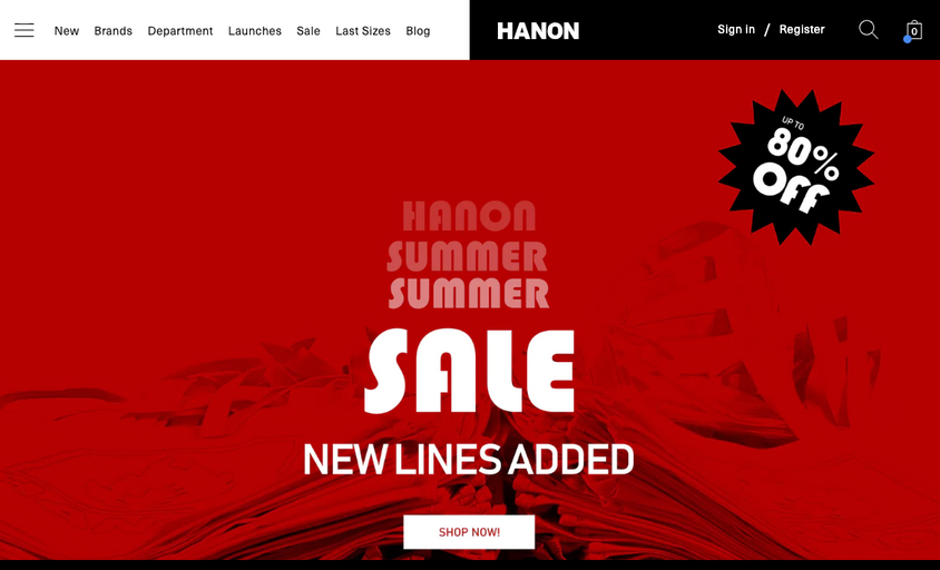 The landing page for Hanon Shop website (September, 2023)
