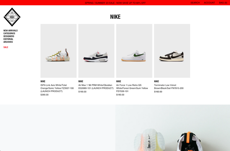 The landing page for Nomad Shop website (September, 2023)