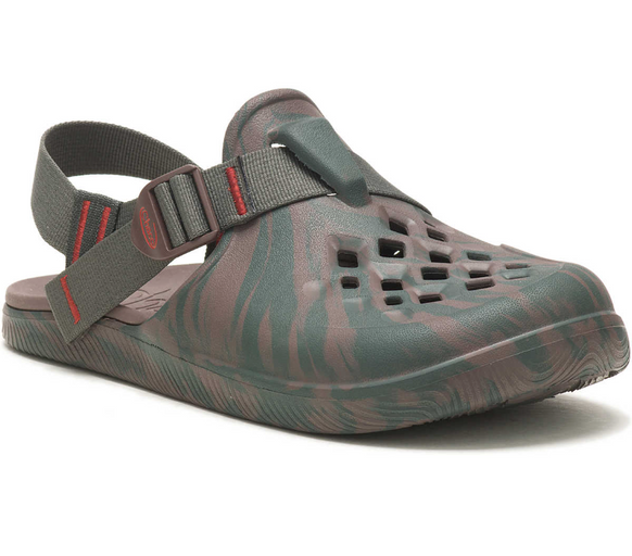 A pair of green camo Chacos