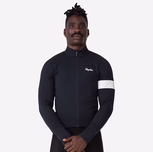 A man wearing a Rapha tight black cycling shirt