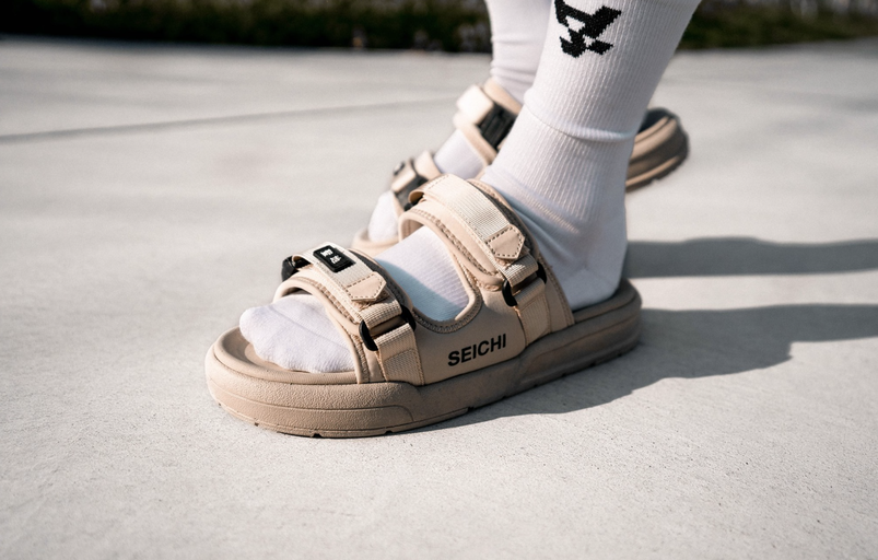 A close up of a pair of Seichi sandals
