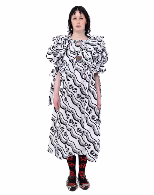 A woman wearing a Chopova Lowena white moss dress
