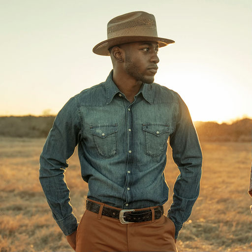 A man wearing Stetson medium blue denim shirt