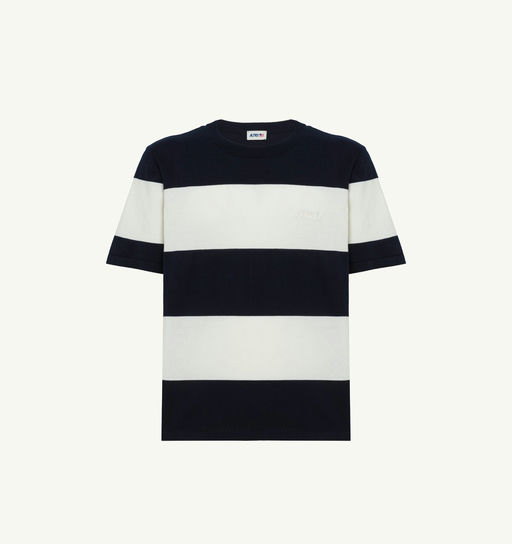 A man wearing AUTRY white and blue striped crepe knit t-shirt