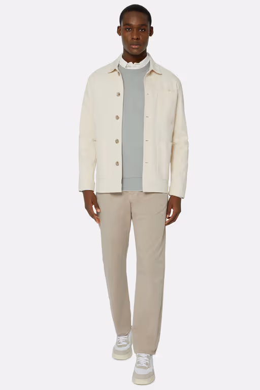 A man wearing Boggi Milano cream color cotton shirt jacket