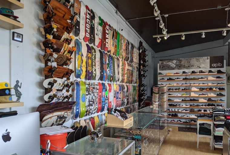 An inside image of APB Skateshop store