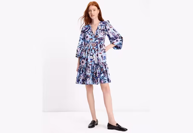 A woman wearing Kate Spade autumn paisley twill dress