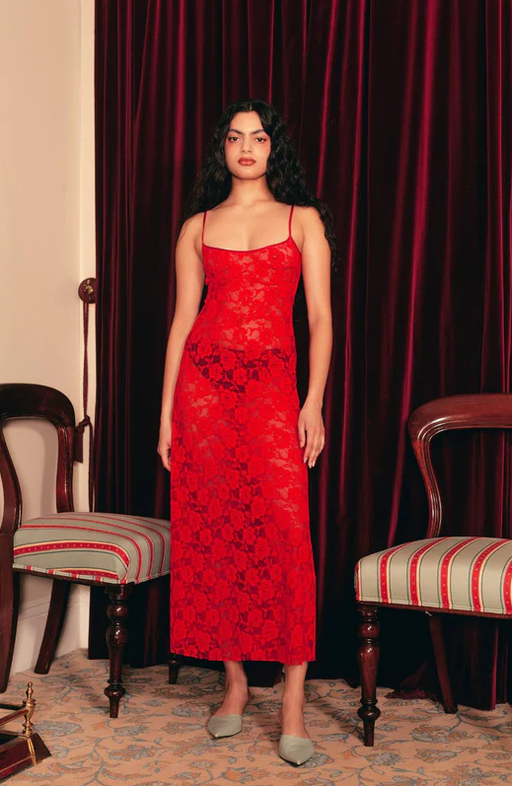 A woman wearing Sister Studios peaches lace dress | red