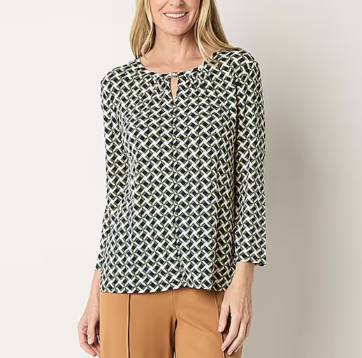 A woman wearing a Liz Claiborne shirt