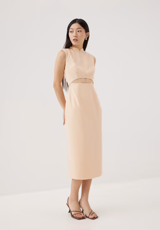 A woman wearing Love Bonito​ agnes shoulder padded tweed mandarin collar midi dress