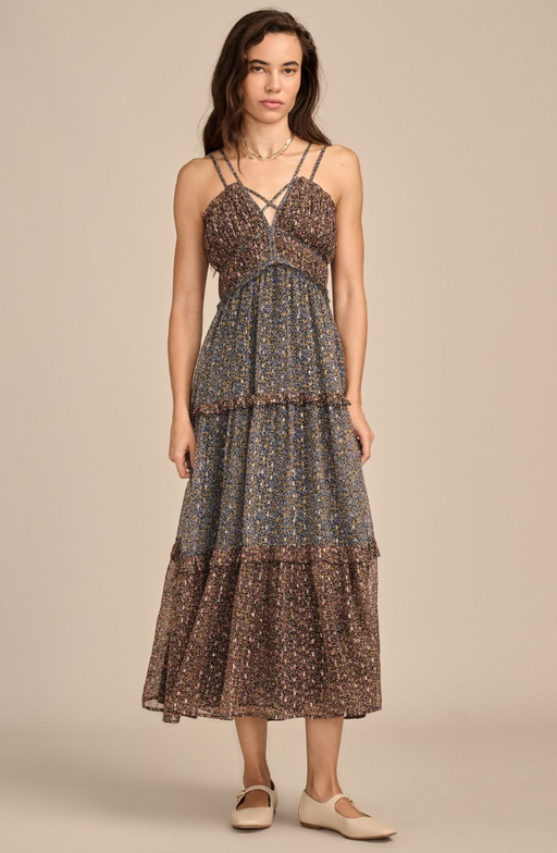 A woman wearing Lucky Brand​ chiffon print mix maxi dress