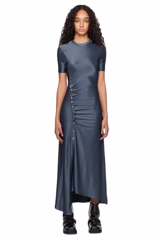 A woman wearing Rabanne gray long gathered midi dress