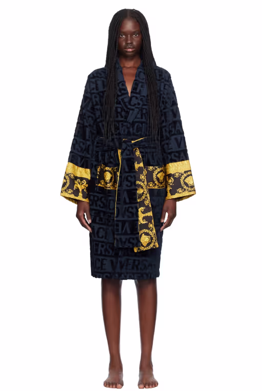 A woman wearing Versace Underwear navy 'I heart baroque' robe