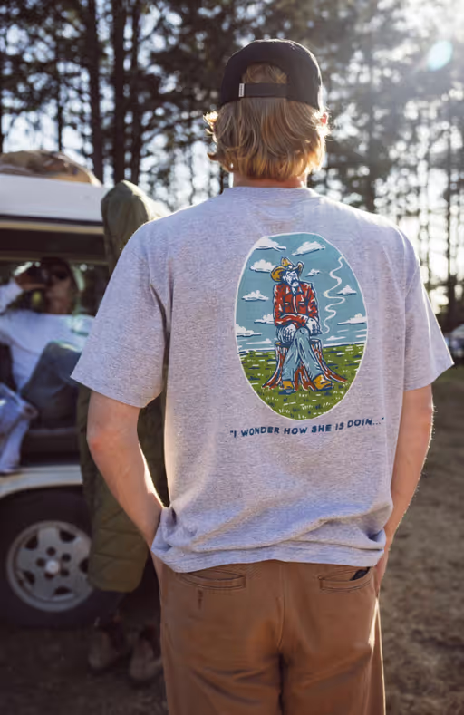 A man wearing Seager ponder tee heather grey