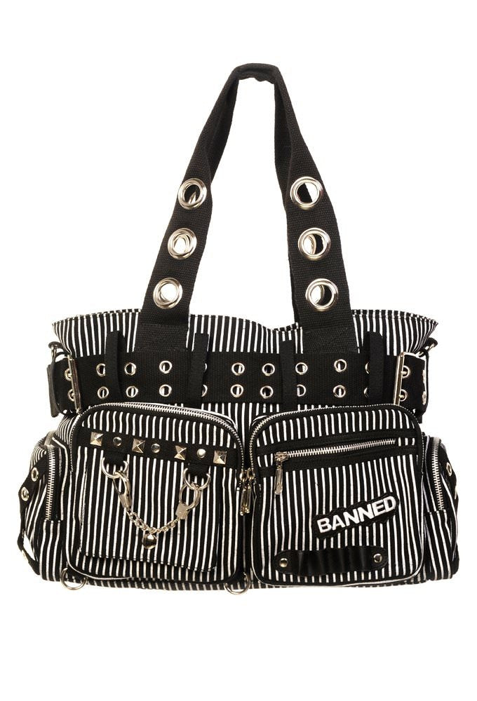 Banned Alternative black and white striped studded handbag