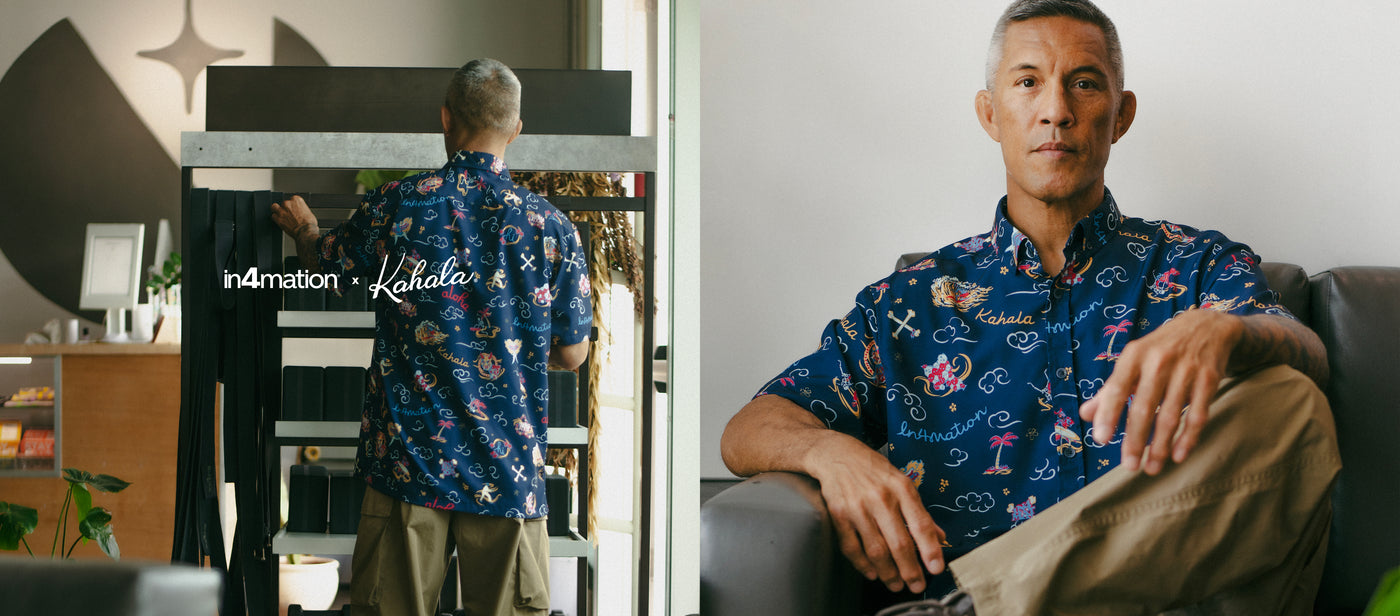 Kahala x IN4MATION model wearing a navy printed aloha shirt