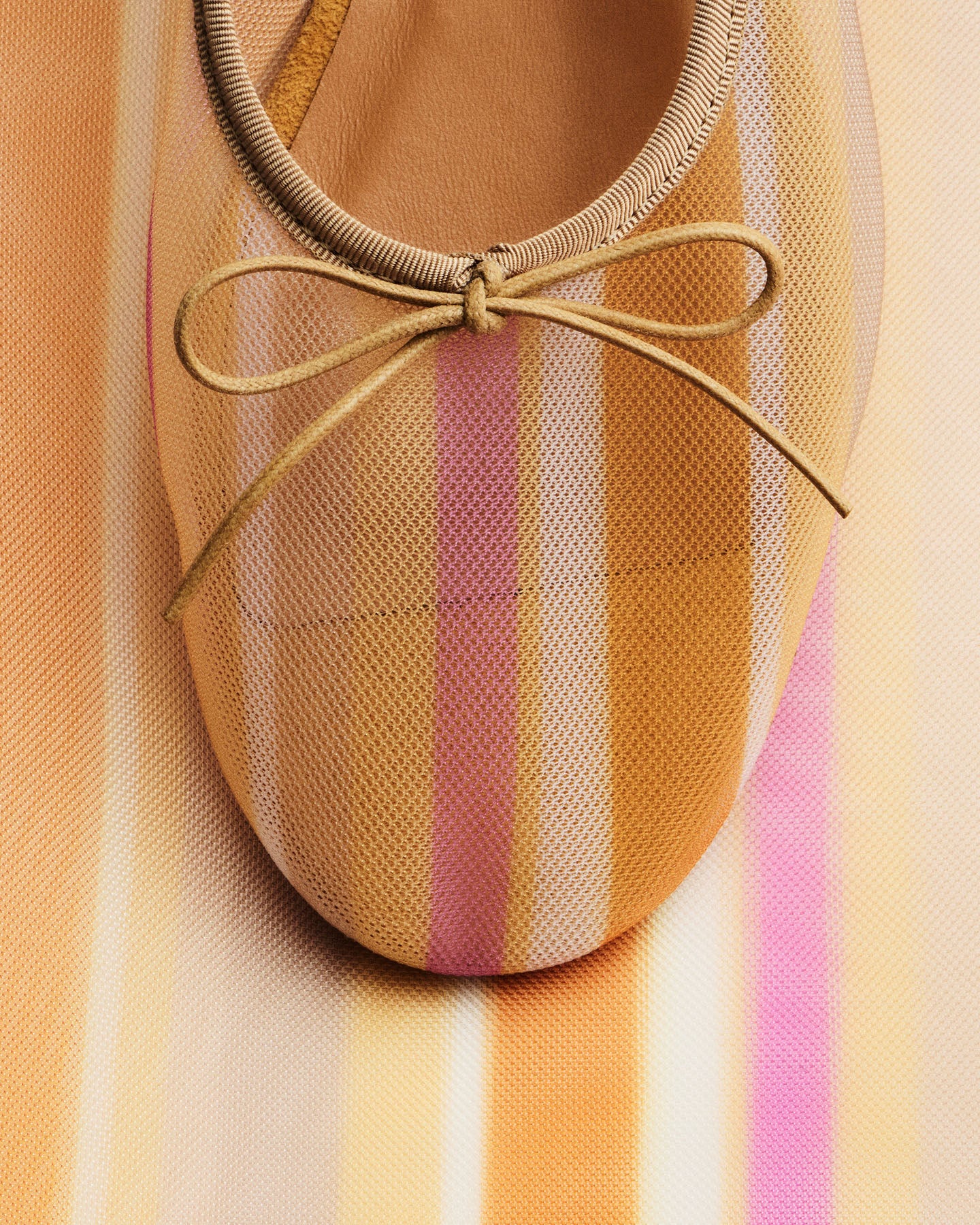 Mansur Gavriel striped mesh ballet flat with a bow, close up