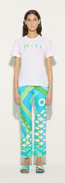 A woman wearing Emilio Pucci logo-print cotton t-shirt
